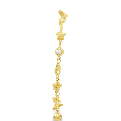 14KT Gold Bracelet Women's Alternating White CZ Stones Stars and Plain Stars and White CZ Stone End Cuban Link Lobster Clasp Band