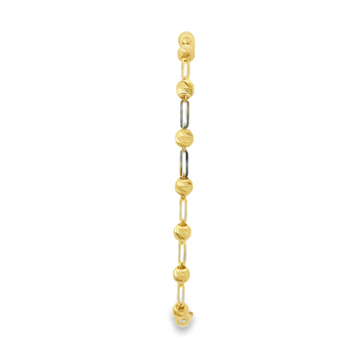 14KT Gold Bracelet Women's Alternating Diamond Cut Beads and Plain Paperclip Link with Two Red Evil Eyes links, White CZ Stone Ends, and Lobster Clasp