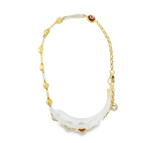 14KT Gold Bracelet Women's Alternating Diamond Cut Beads and Plain Paperclip Link with Two Red Evil Eyes links, White CZ Stone Ends, and Lobster Clasp