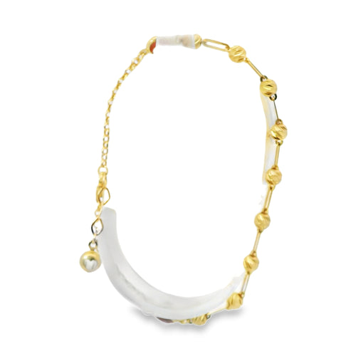 14KT Gold Bracelet Women's Alternating Diamond Cut Beads and Plain Paperclip Link with Two Red Evil Eyes links, White CZ Stone Ends, and Lobster Clasp