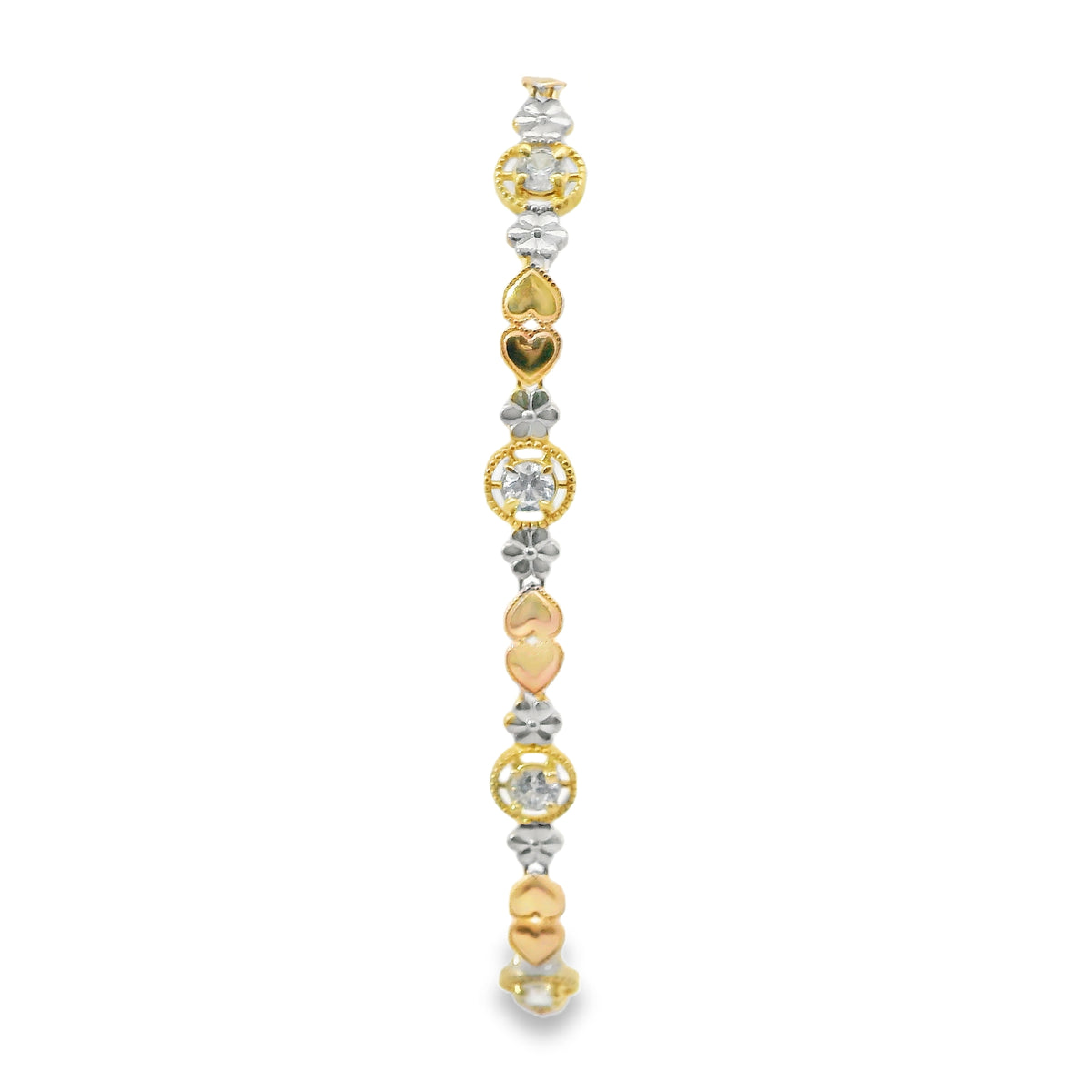 14KT Gold Bracelet Women's Tri Tone Tennis with Alternating White CZ Stones, Flowers, and Double Vertical Rose Gold Hearts Pattern with Beaded Border and Lobster Clasp