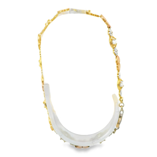 14KT Gold Bracelet Women's Tri Tone Tennis with Alternating White CZ Stones, Flowers, and Double Vertical Rose Gold Hearts Pattern with Beaded Border and Lobster Clasp