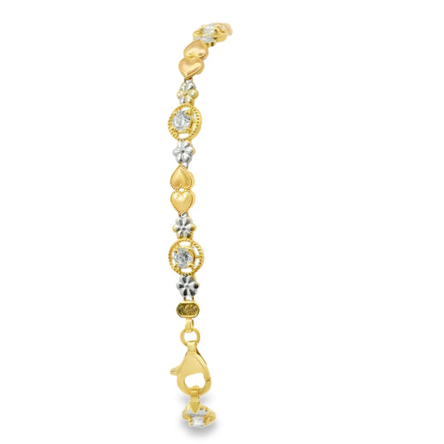 14KT Gold Bracelet Women's Tri Tone Tennis with Alternating White CZ Stones, Flowers, and Double Vertical Rose Gold Hearts Pattern with Beaded Border and Lobster Clasp