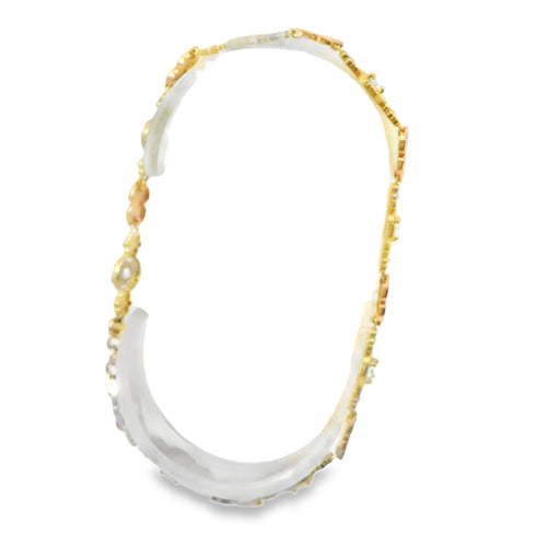 14KT Gold Bracelet Women's Tri Tone Tennis with Alternating White CZ Stones, Flowers, and Double Vertical Rose Gold Hearts Pattern with Beaded Border and Lobster Clasp