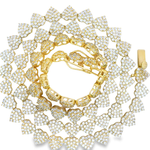 14KT Gold Chain Fancy White CZ Stone Hearts with White CZ Double Box Clasp 4mm