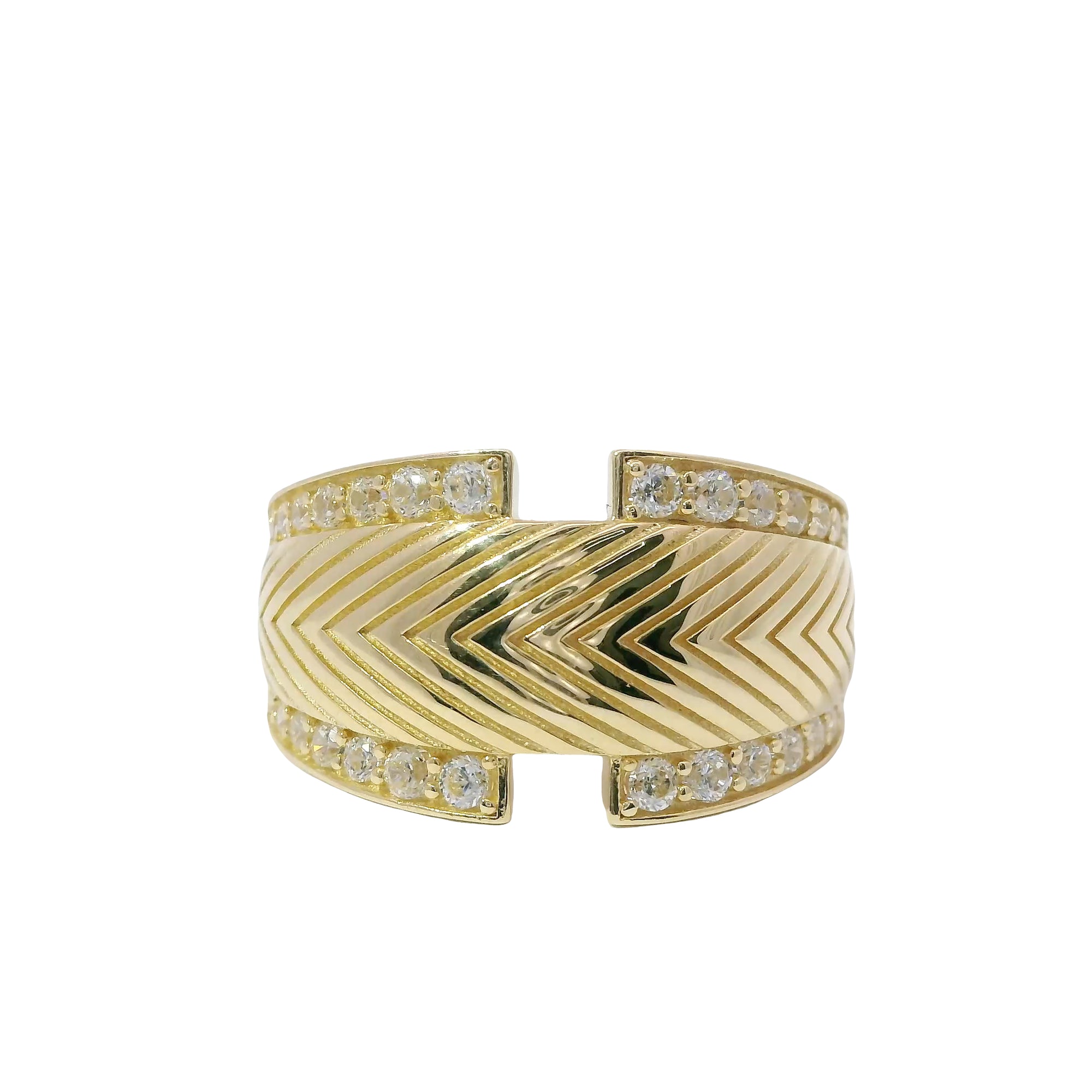 14KT Gold Ring Women's Plain Feather Print Center with White CZ Stones Top and Lower Split Border Band