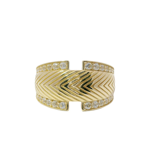 14KT Gold Ring Women's Plain Feather Print Center with White CZ Stones Top and Lower Split Border Band