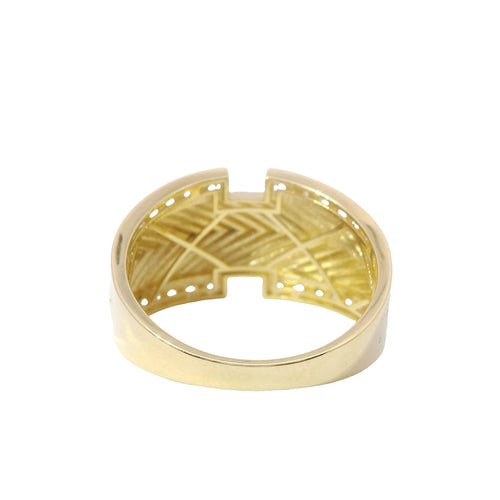 14KT Gold Ring Women's Plain Feather Print Center with White CZ Stones Top and Lower Split Border Band
