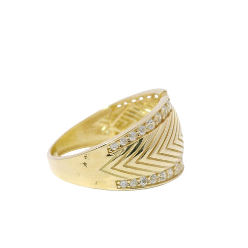 14KT Gold Ring Women's Plain Feather Print Center with White CZ Stones Top and Lower Split Border Band