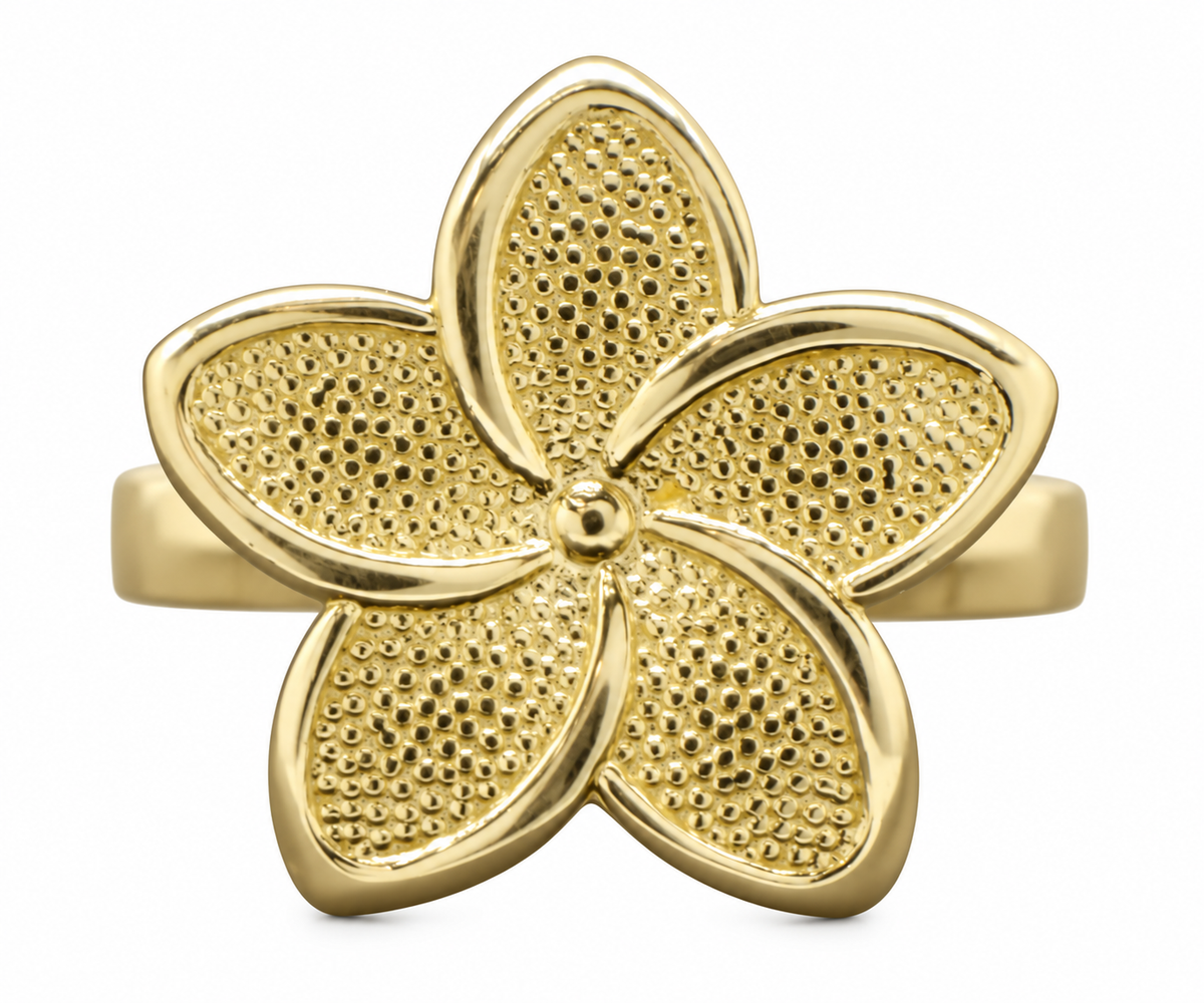 14KT Gold Ring Women's Large Hibiscus Flower with Sandblasted Petals and Plain Band