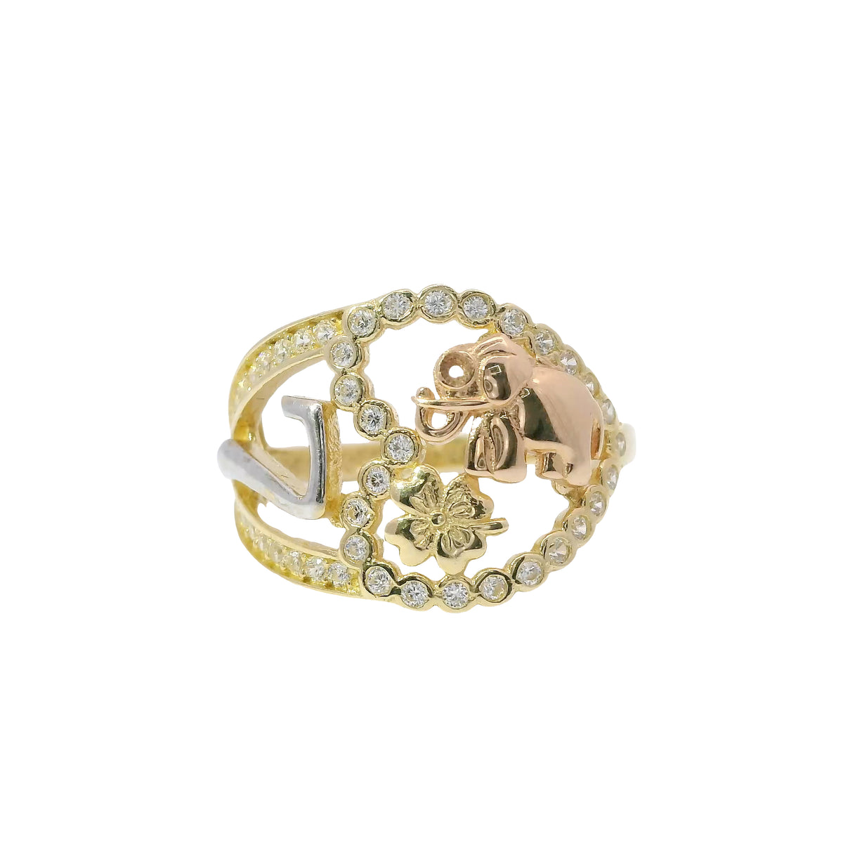 14KT Gold Ring Women's Tri Tone Good Luck Heart Lasso with White Gold Seven, Rose Gold Elephant, Gold Clover with White CZ Stones Open Heart Shape Border Band