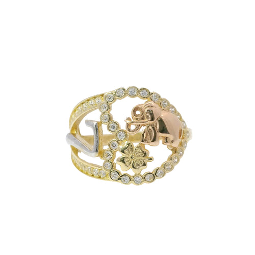 14KT Gold Ring Women's Tri Tone Good Luck Heart Lasso with White Gold Seven, Rose Gold Elephant, Gold Clover with White CZ Stones Open Heart Shape Border Band
