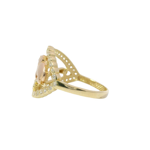14KT Gold Ring Women's Tri Tone Good Luck Heart Lasso with White Gold Seven, Rose Gold Elephant, Gold Clover with White CZ Stones Open Heart Shape Border Band