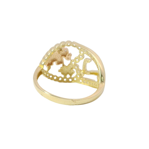 14KT Gold Ring Women's Tri Tone Good Luck Heart Lasso with White Gold Seven, Rose Gold Elephant, Gold Clover with White CZ Stones Open Heart Shape Border Band