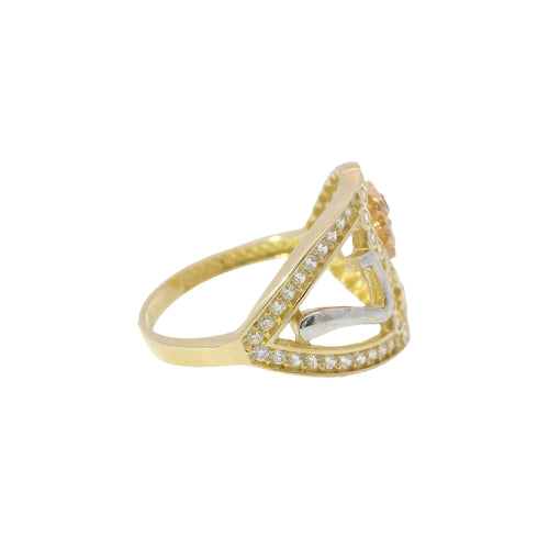 14KT Gold Ring Women's Tri Tone Good Luck Heart Lasso with White Gold Seven, Rose Gold Elephant, Gold Clover with White CZ Stones Open Heart Shape Border Band