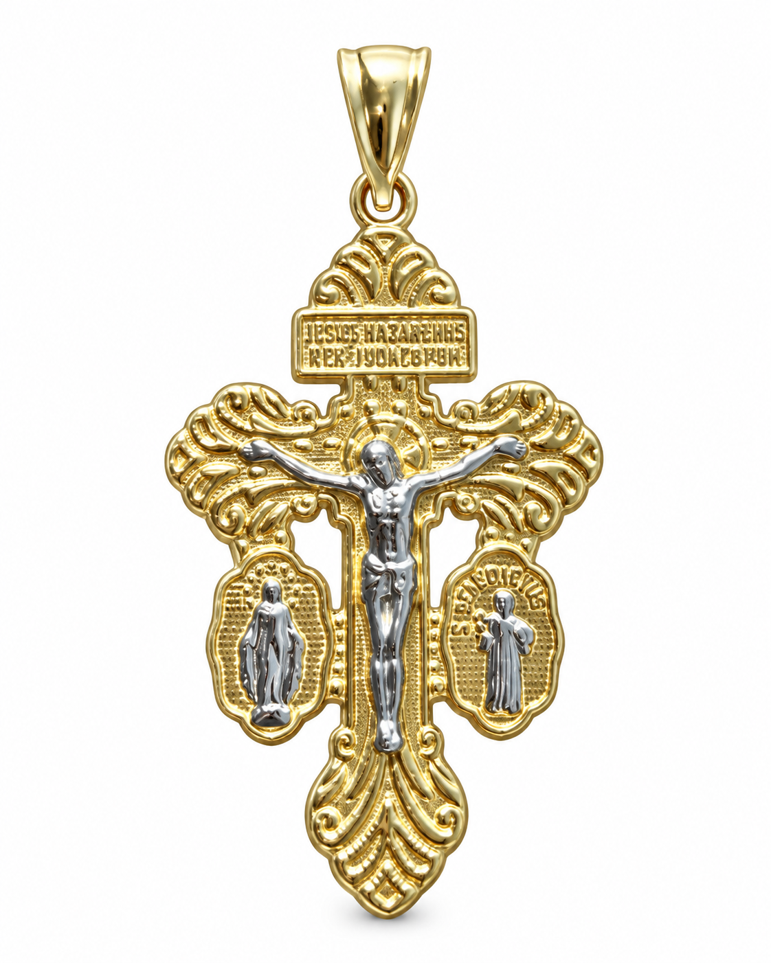 14KT Gold Charm Large Two Tone Crucifix Cross with Virgin Mary and St Benedict Sides Cross with Plain Bell