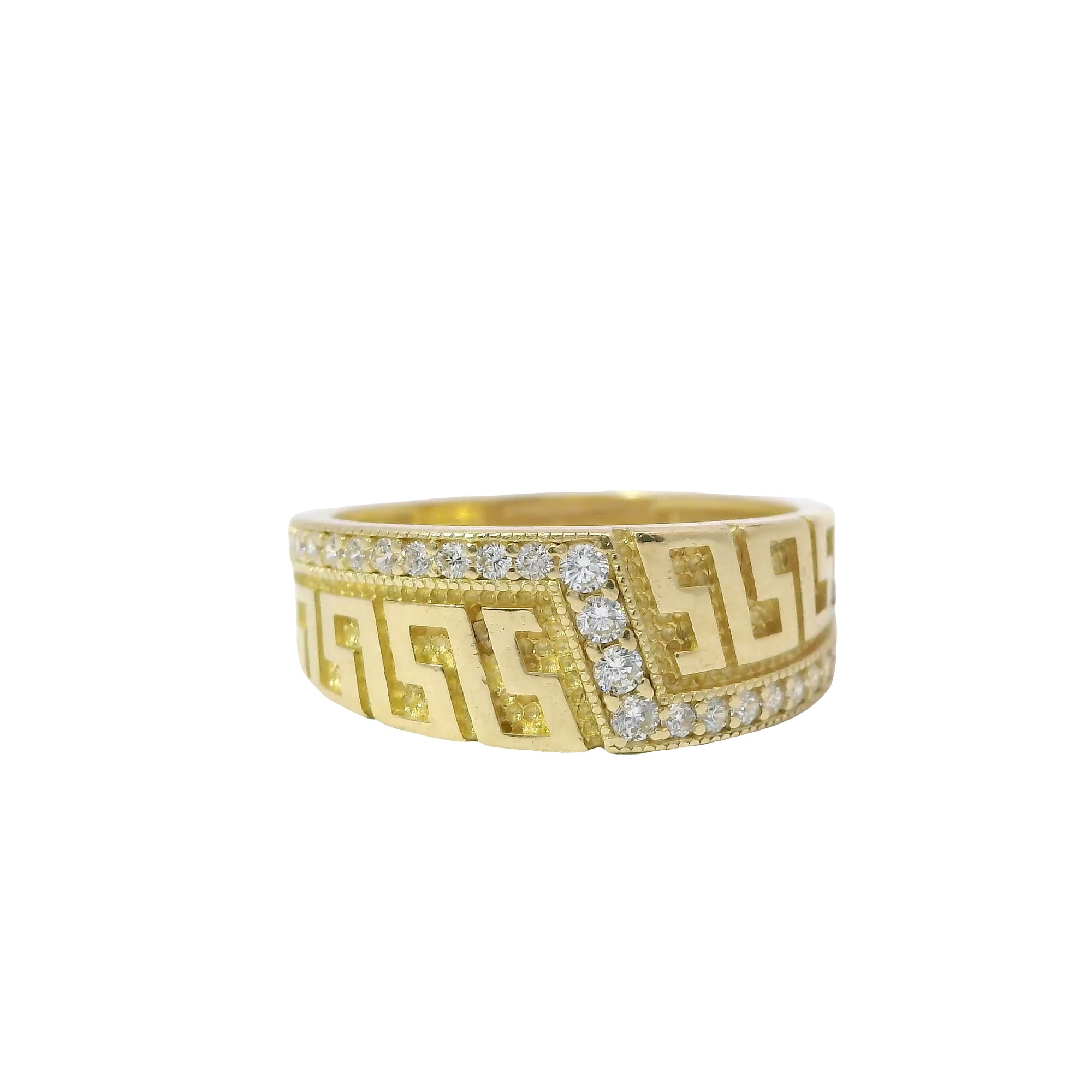 14KT Gold Ring Women's Mini Greek Center with White CZ Stone Lightning Bolt Across Center of Band