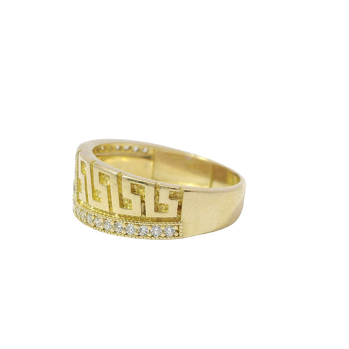 14KT Gold Ring Women's Mini Greek Center with White CZ Stone Lightning Bolt Across Center of Band