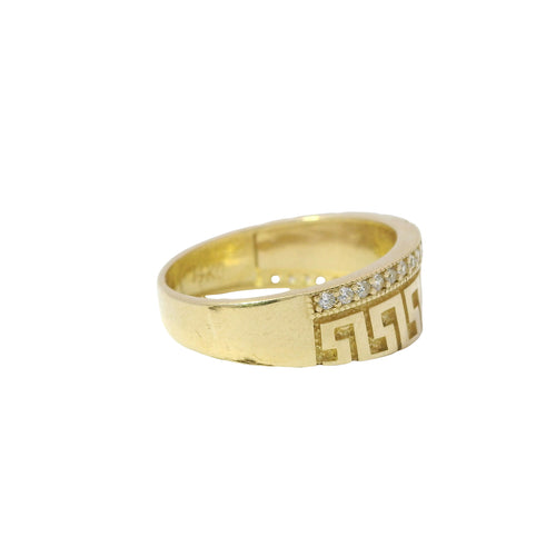14KT Gold Ring Women's Mini Greek Center with White CZ Stone Lightning Bolt Across Center of Band