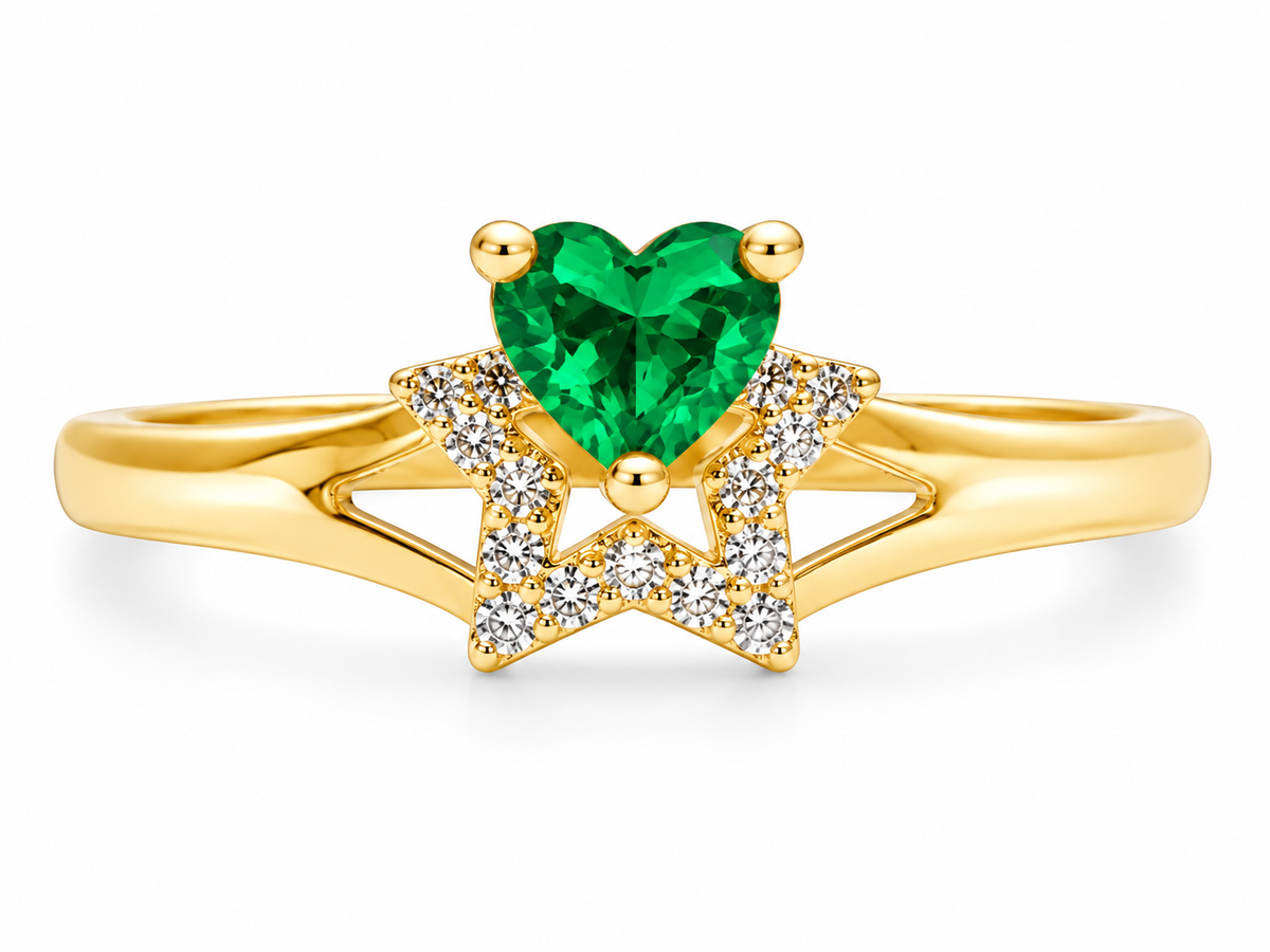 14KT Gold Ring Women's Dark Green CZ Stone Heart Top Stone with White CZ Stones Border Outline Only Star Shape Plain Split Band