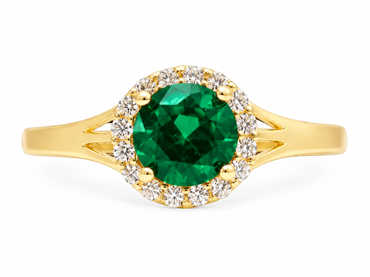 14KT Gold Ring Women's Round Dark Green CZ Stone Center with Round White CZ Stones Border and Mini Plain Double Split Band