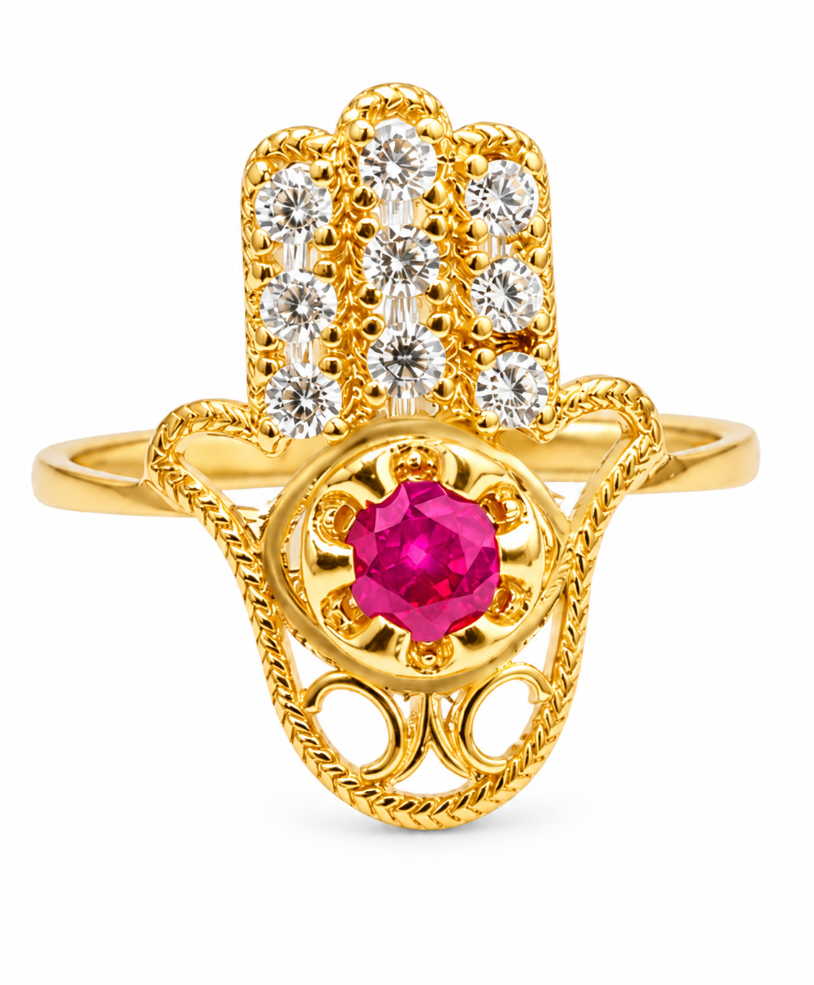 14KT Gold Ring Women's Three Fingers Hamsa Hand with Magenta Pink CZ Stone Center Palm and White CZ Stones Fingers with Plain Band