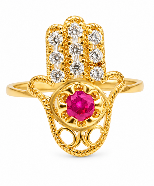 14KT Gold Ring Women's Three Fingers Hamsa Hand with Magenta Pink CZ Stone Center Palm and White CZ Stones Fingers with Plain Band