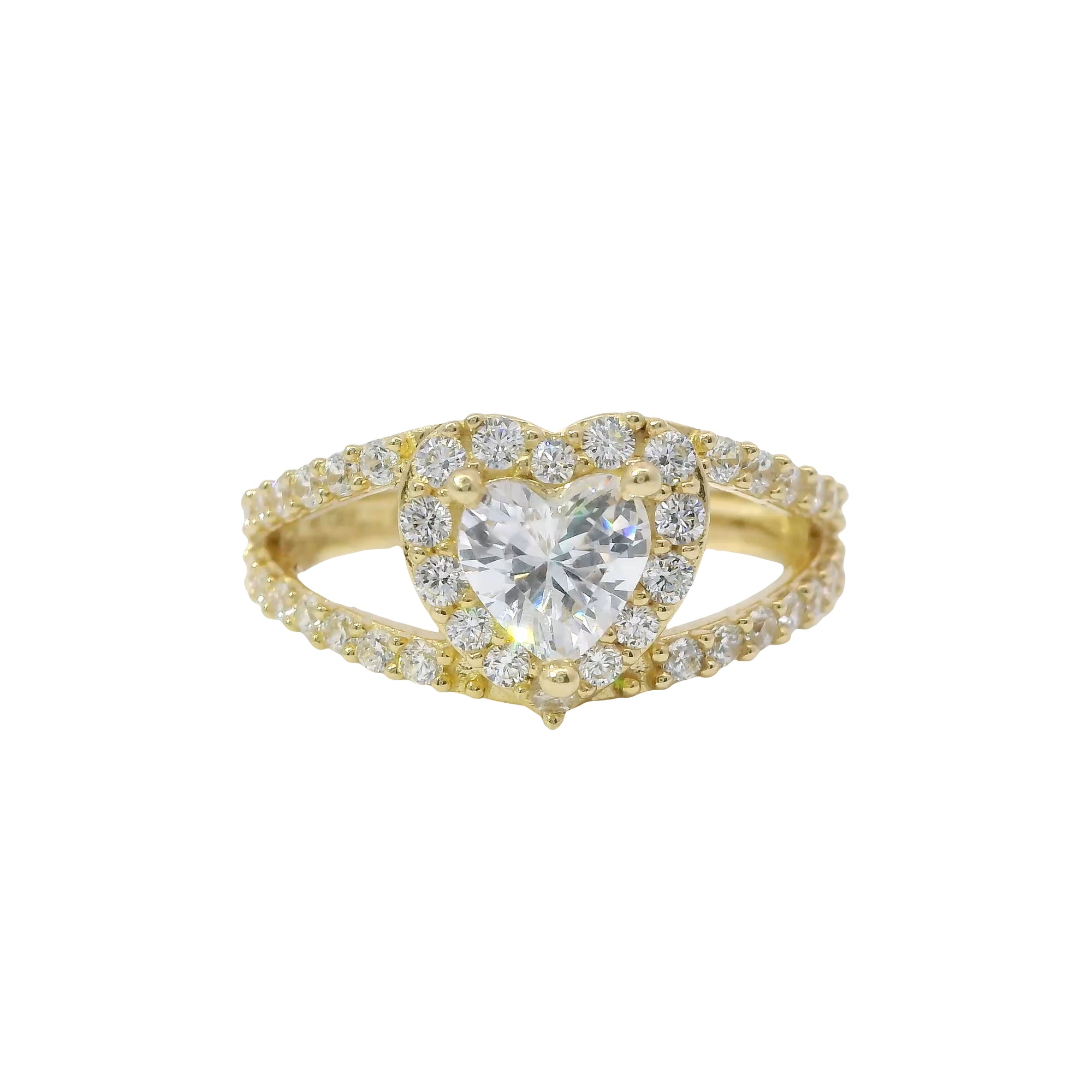 14KT Gold Ring Women's White Heart CZ Stone Center with White CZ Stones Border and Split Criss Crossed Band