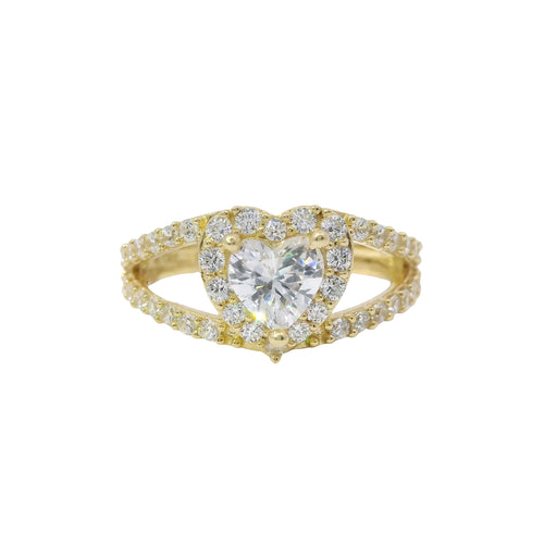 14KT Gold Ring Women's White Heart CZ Stone Center with White CZ Stones Border and Split Criss Crossed Band