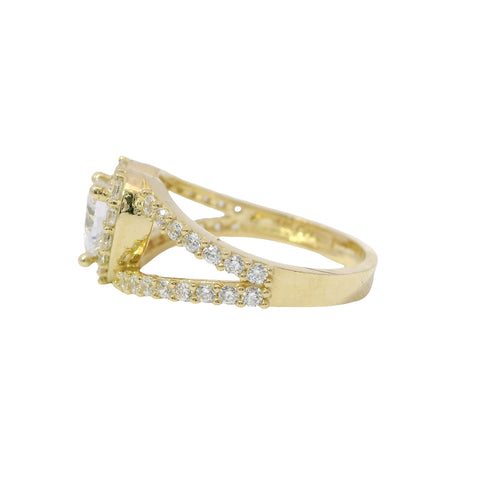 14KT Gold Ring Women's White Heart CZ Stone Center with White CZ Stones Border and Split Criss Crossed Band
