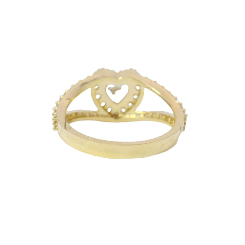 14KT Gold Ring Women's White Heart CZ Stone Center with White CZ Stones Border and Split Criss Crossed Band