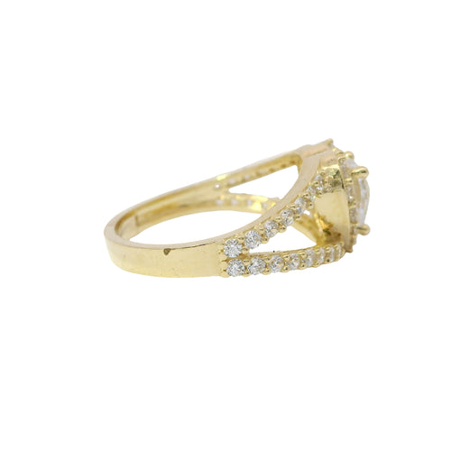 14KT Gold Ring Women's White Heart CZ Stone Center with White CZ Stones Border and Split Criss Crossed Band