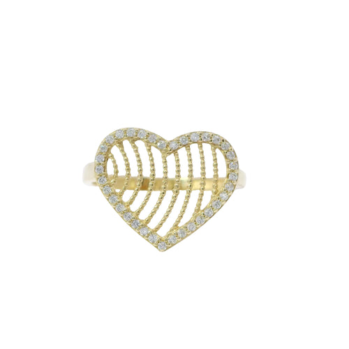 14KT Gold Ring Women's Open Curved Stripe Heart with White CZ Stones Border and Plain Band