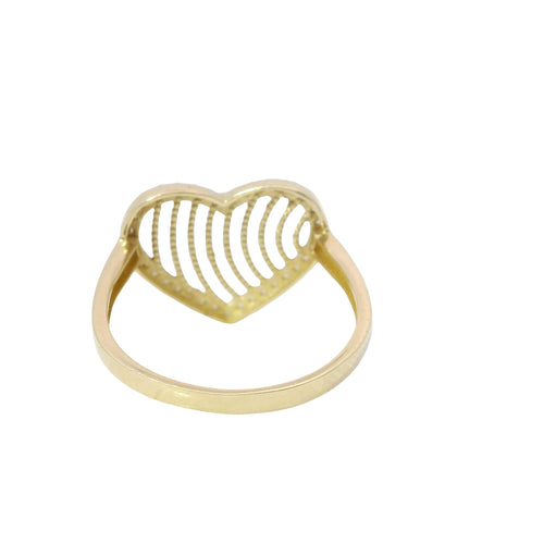 14KT Gold Ring Women's Open Curved Stripe Heart with White CZ Stones Border and Plain Band