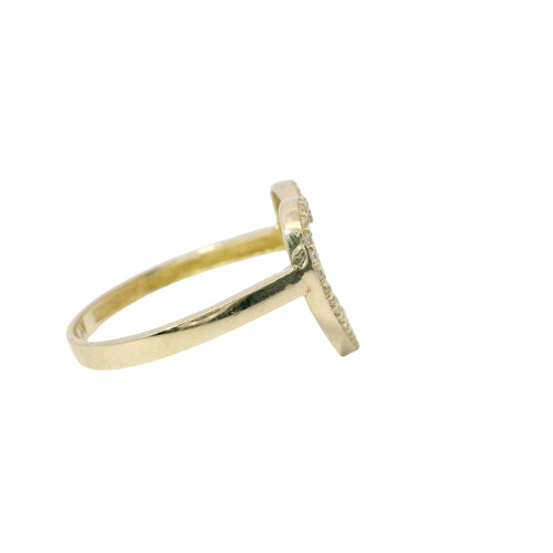 14KT Gold Ring Women's Open Curved Stripe Heart with White CZ Stones Border and Plain Band