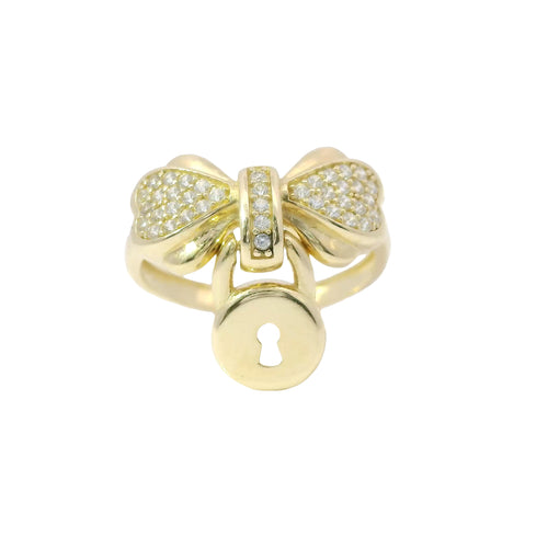 14KT Gold Ring Women's White CZ Stones Heart Shaped Bow with Round Hanging Padlock and Plain Band