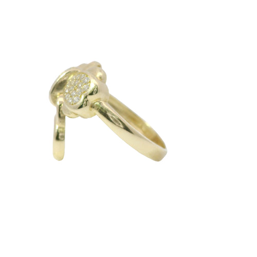 14KT Gold Ring Women's White CZ Stones Heart Shaped Bow with Round Hanging Padlock and Plain Band