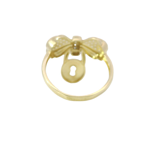 14KT Gold Ring Women's White CZ Stones Heart Shaped Bow with Round Hanging Padlock and Plain Band