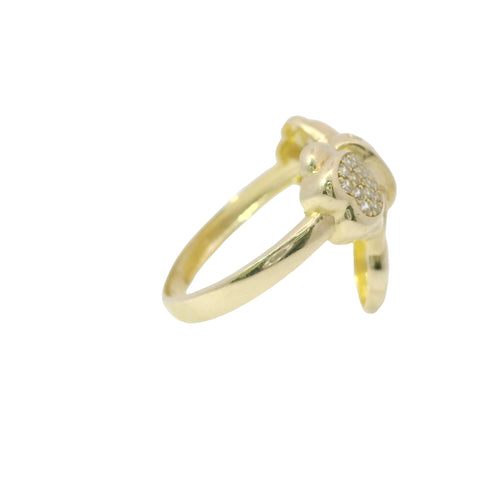 14KT Gold Ring Women's White CZ Stones Heart Shaped Bow with Round Hanging Padlock and Plain Band