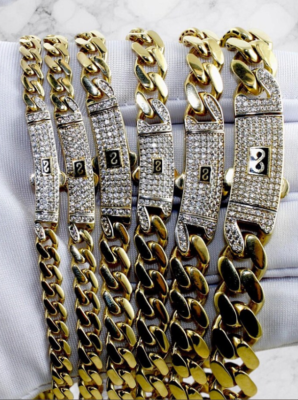 14KT Gold Chain Hollow Crown Miami Link with Infinity Emblem on White CZ Stones Designer Clasp 1mm