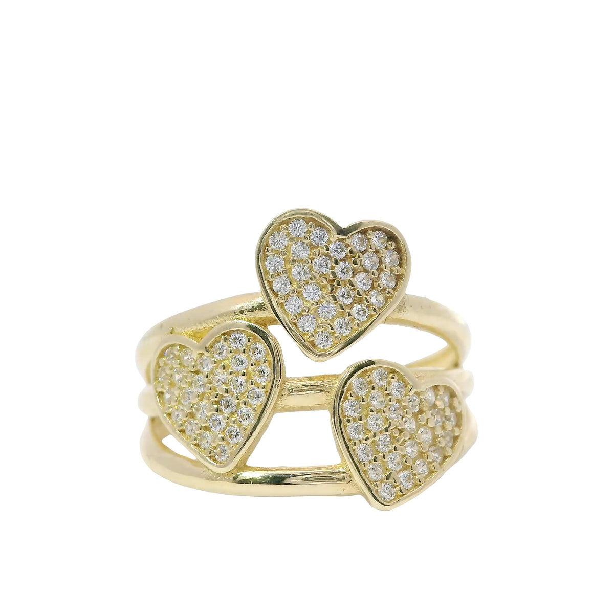 14KT Gold Ring Women's White CZ Stones Heart Centers on Each Triple Split Band