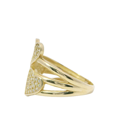 14KT Gold Ring Women's White CZ Stones Heart Centers on Each Triple Split Band