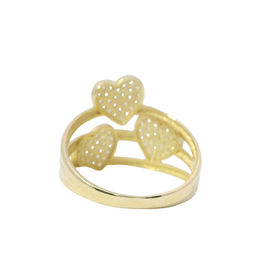 14KT Gold Ring Women's White CZ Stones Heart Centers on Each Triple Split Band