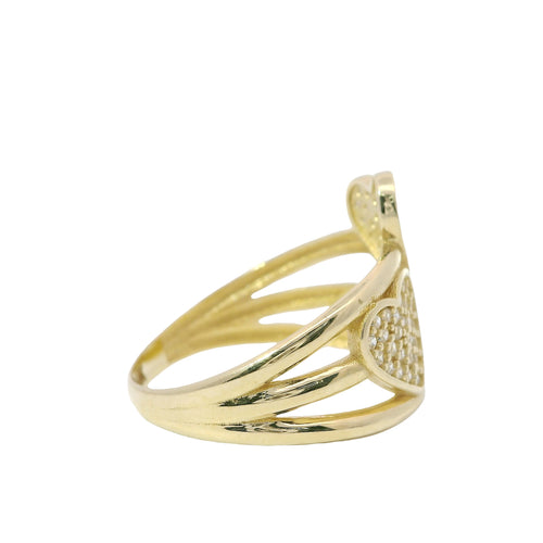 14KT Gold Ring Women's White CZ Stones Heart Centers on Each Triple Split Band