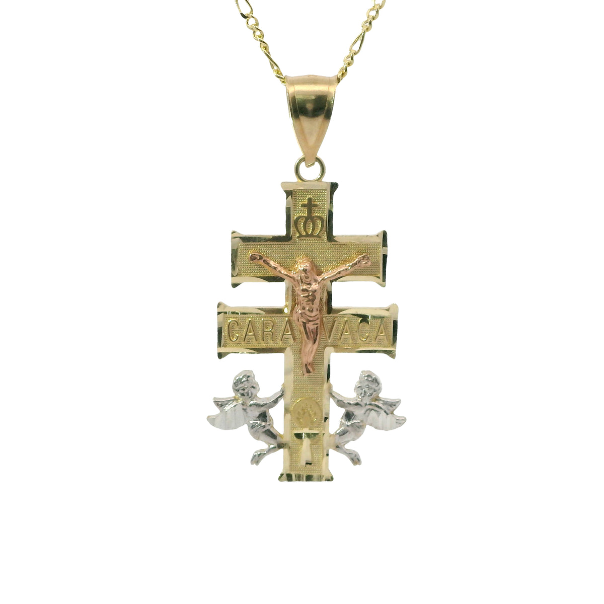 14KT Gold Charm Extra Small Tri Tone Caravaca Crucifix Cross with Plain Bell