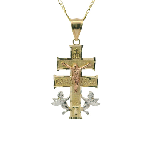 14KT Gold Charm Extra Small Tri Tone Caravaca Crucifix Cross with Plain Bell