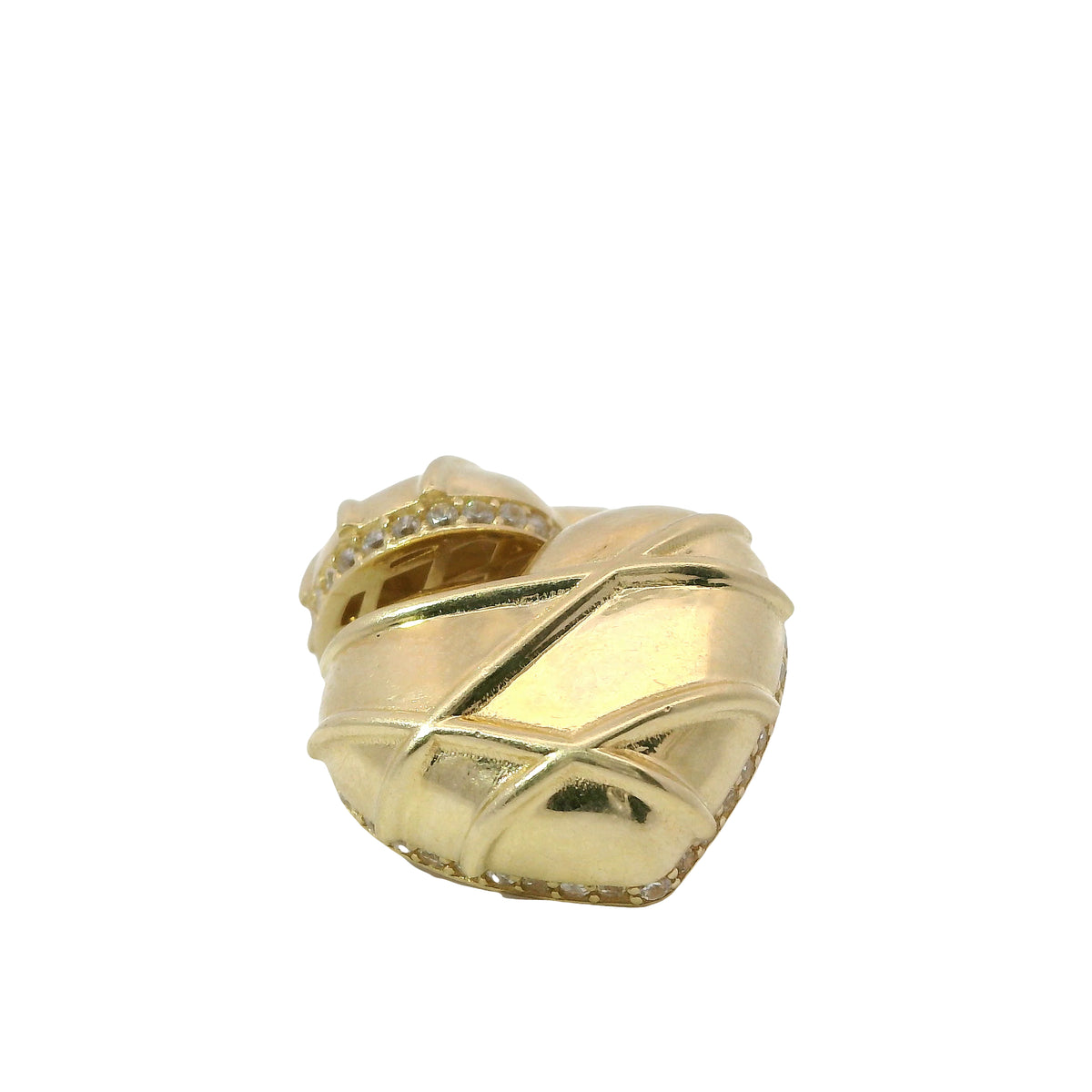 14KT Gold Earrings Large Puff Chocolate Heart with White CZ Stones Edge, Push Back Post, and Butterfly Backs