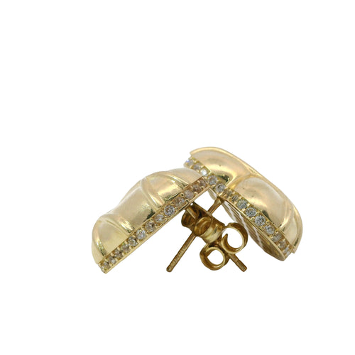 14KT Gold Earrings Large Puff Chocolate Heart with White CZ Stones Edge, Push Back Post, and Butterfly Backs