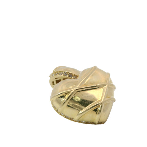 14KT Gold Earrings Large Puff Chocolate Heart with White CZ Stones Edge, Push Back Post, and Butterfly Backs