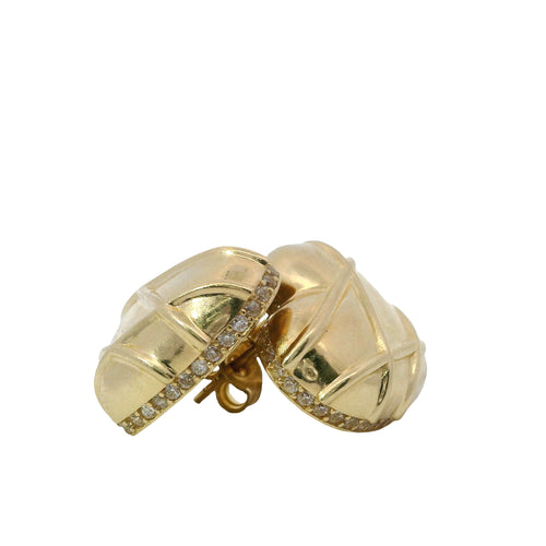 14KT Gold Earrings Large Puff Chocolate Heart with White CZ Stones Edge, Push Back Post, and Butterfly Backs